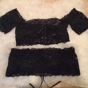 Risqué Sexy Stripper Black Lace Tie Skirt Top Set